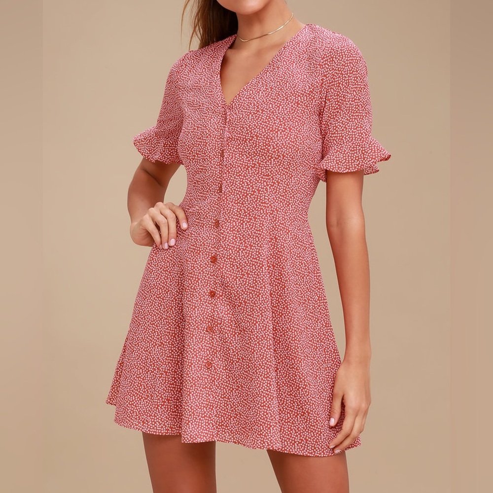 Lulu's Pink Ditsy Button-Front Mini Dress